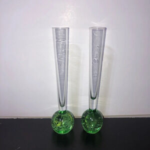 Vintage Art Glass 9” Green Bud Vase Weighted Base Controlled Bubbles 1” Opening